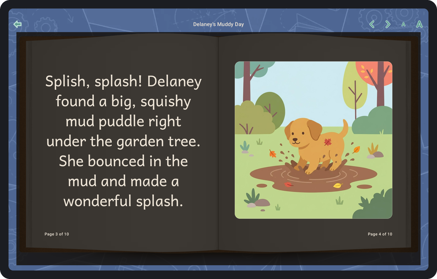 The same kind of story in the dark theme: dark pages, with the
illustration still at full brightness.