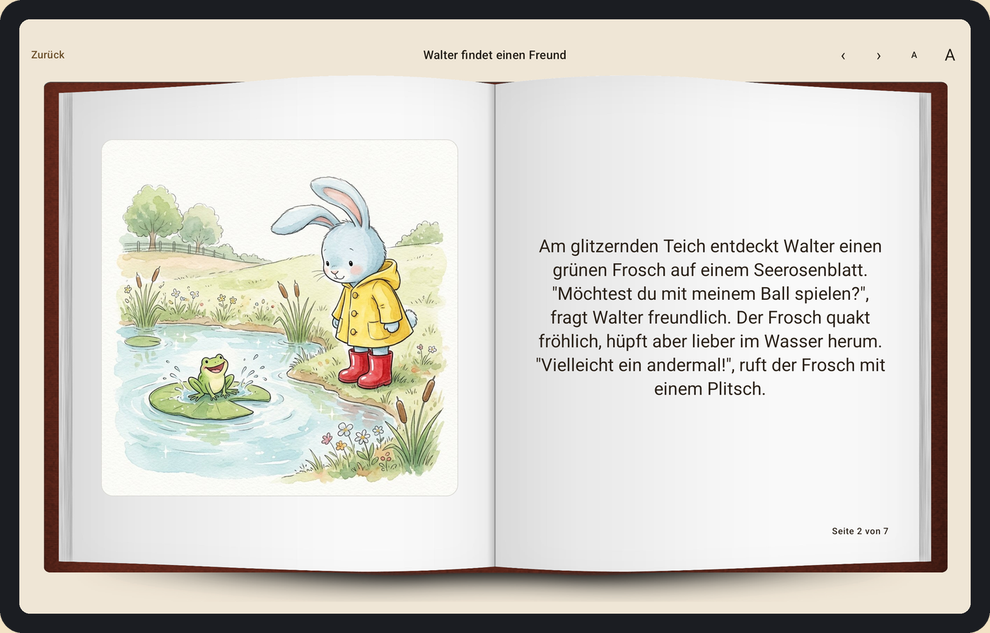 Die App auf Deutsch, aufgeschlagen bei einer deutschen
                  Geschichte: die Bedienoberfläche und die Wörter auf der Seite sind beide auf
                  Deutsch.