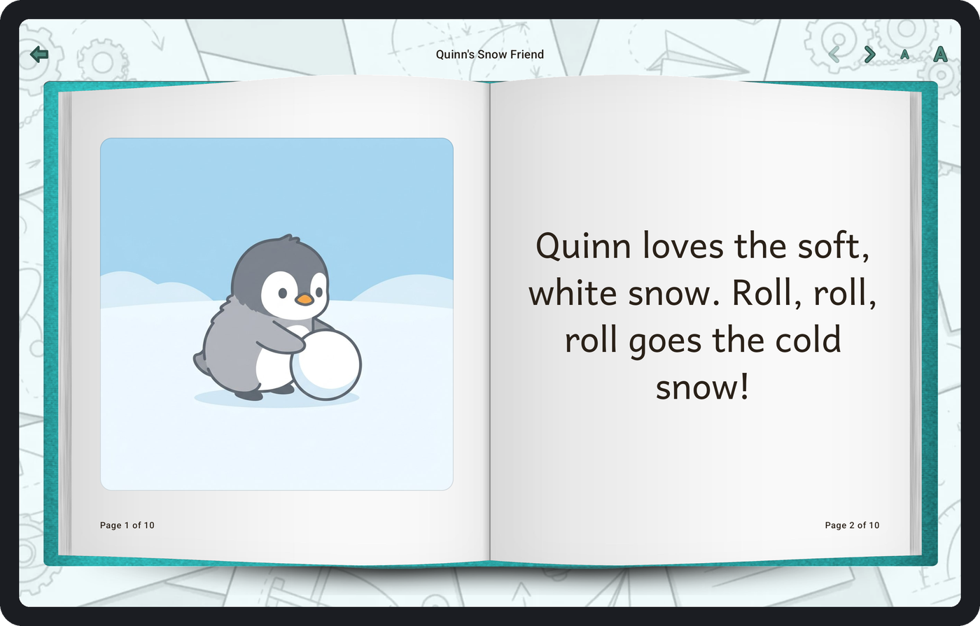 A short story for a toddler, open at a spread: a simple
illustration on one page and a line or two of text facing it.